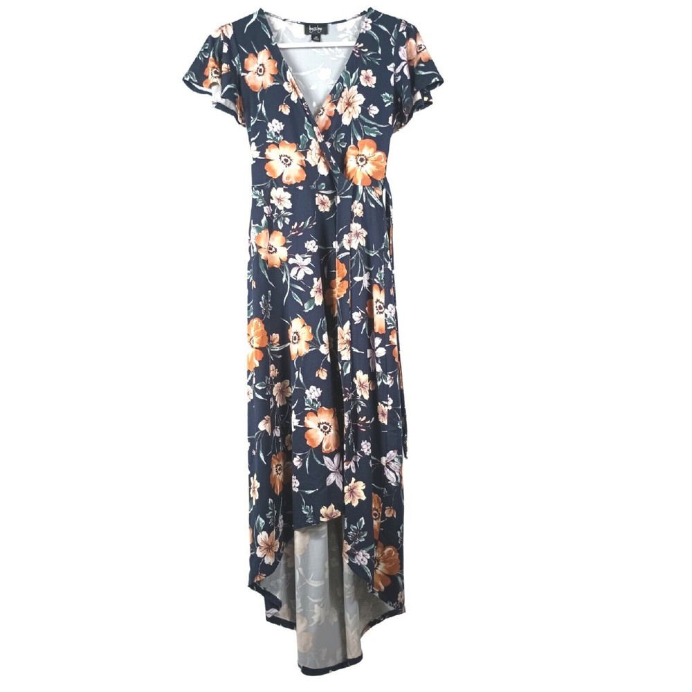 Ladies Sz XS Hi Low Navy Blue Floral Soft Stretchy Dress Tie Waist Cowl Neck